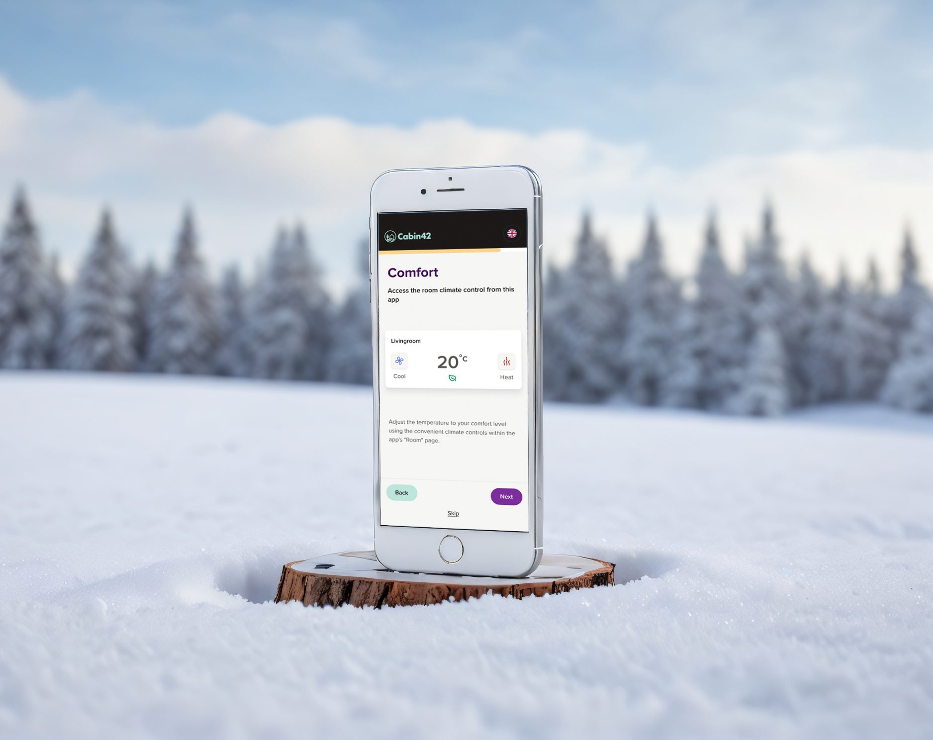 Bildet viser smart temperaturstyring via en app på telefonen Invite