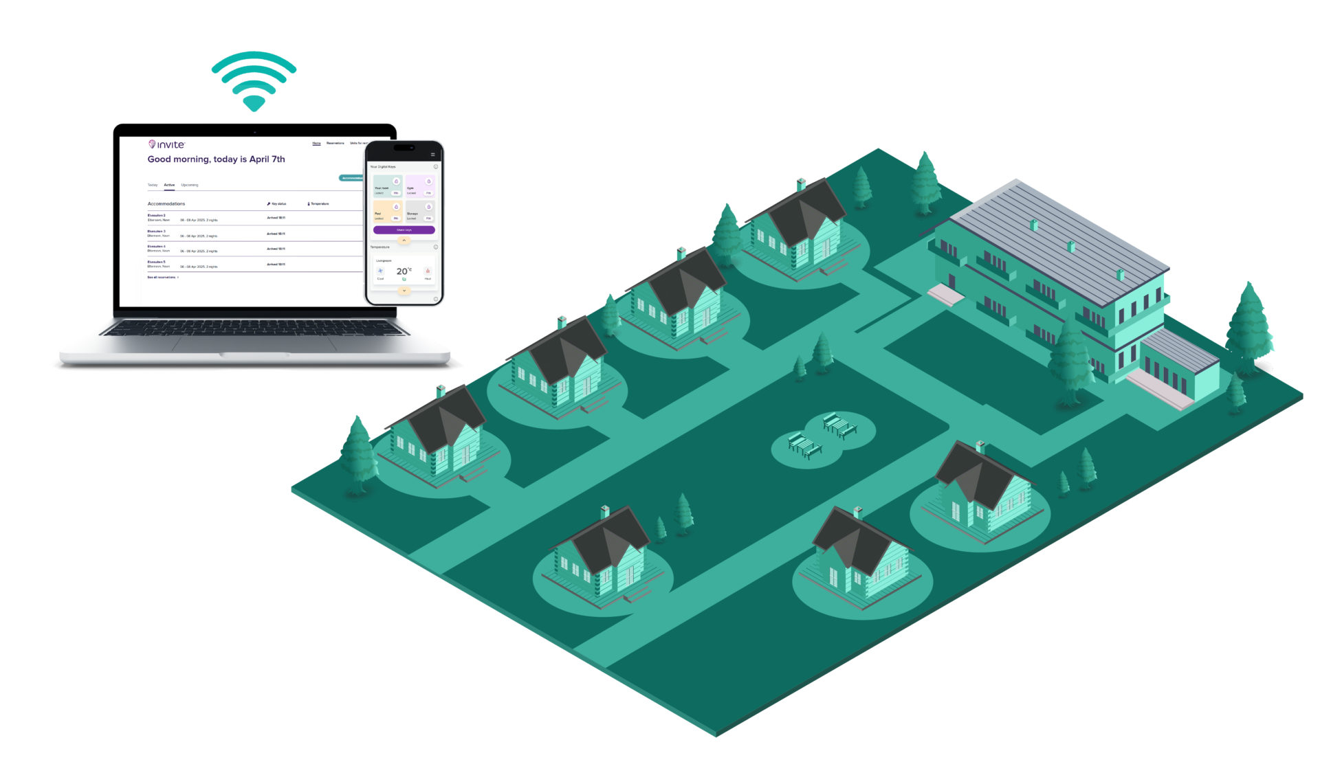 Illustrasjon av hytter og leiligheter